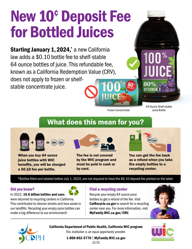 Flyer of A new California law, effective January 1, 2024, will add a CRV fee of ten cents ($0.10) for each purchase of shelf-stable 64 oz bottles of juice. To learn about the latest changes, visit the MyFamily website for updates or contact us at (760) 872-1885.