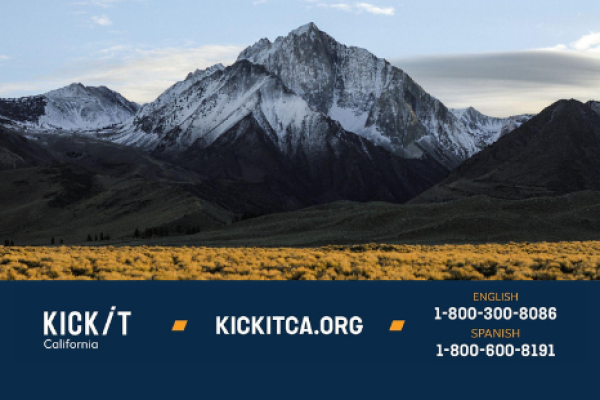 Image of mountains with Kick It California information bar. 